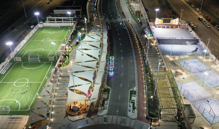 Aerial view of sports complex at night