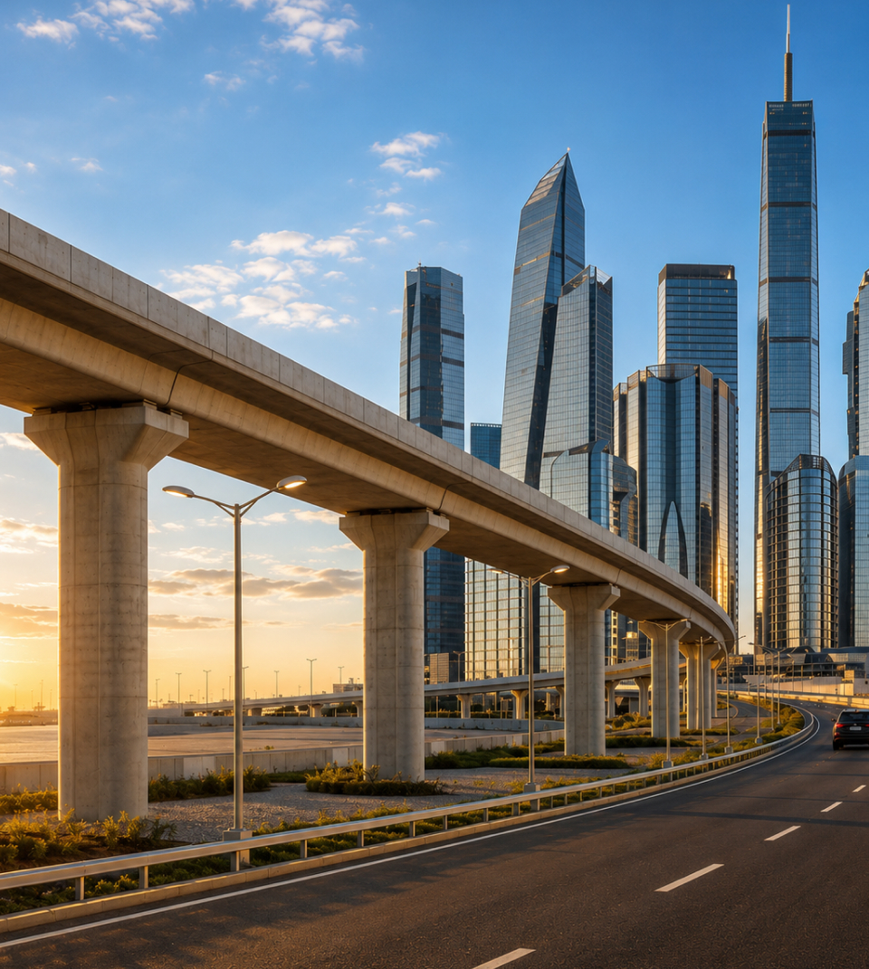 Elevated highway infrastructure with city skyline at golden hour