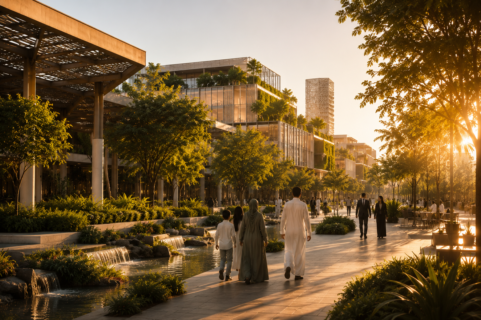 Modern sustainable urban walkway with green buildings and integrated landscaping
