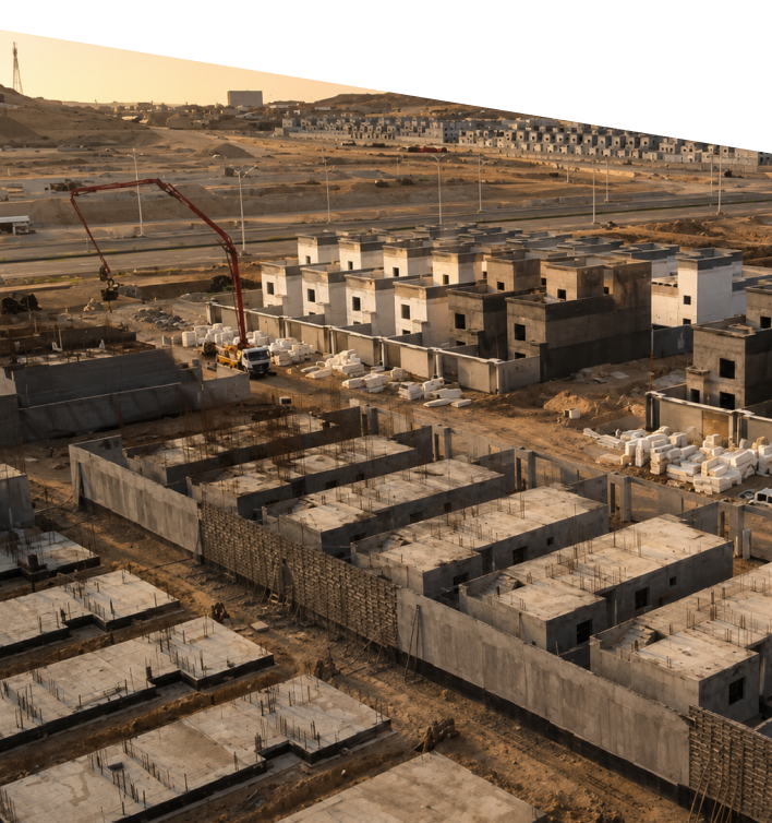 Aerial view of residential construction with concrete pump truck