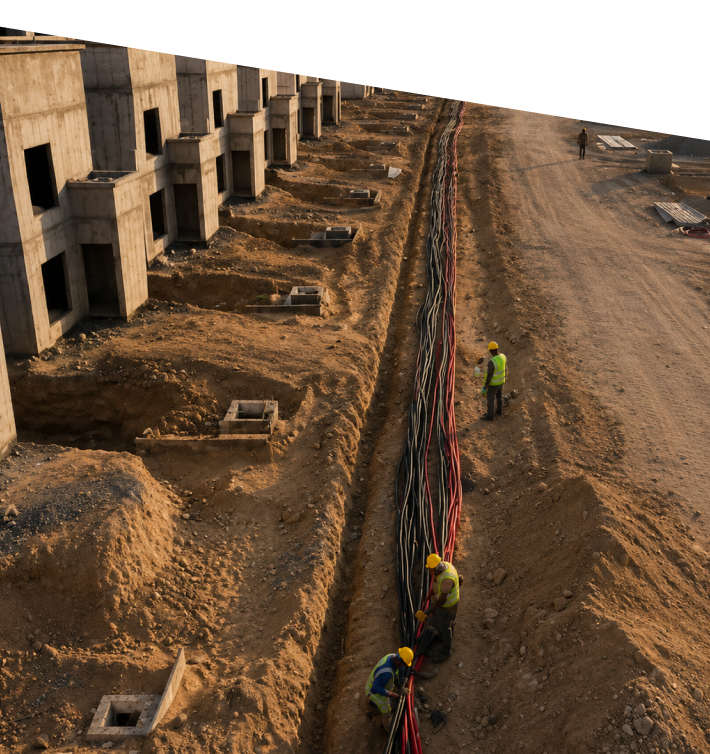 Underground utility cable installation alongside residential buildings