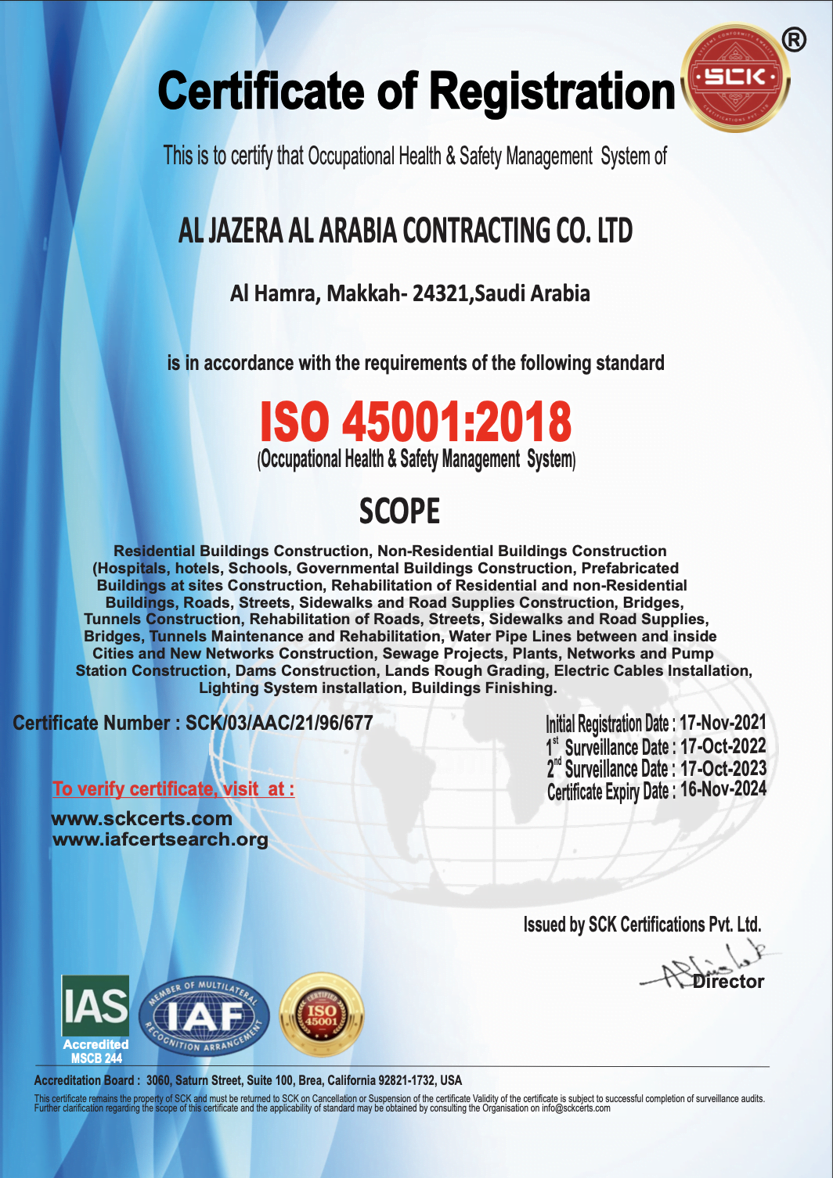 ISO 45001:2018 Occupational Health and Safety certificate